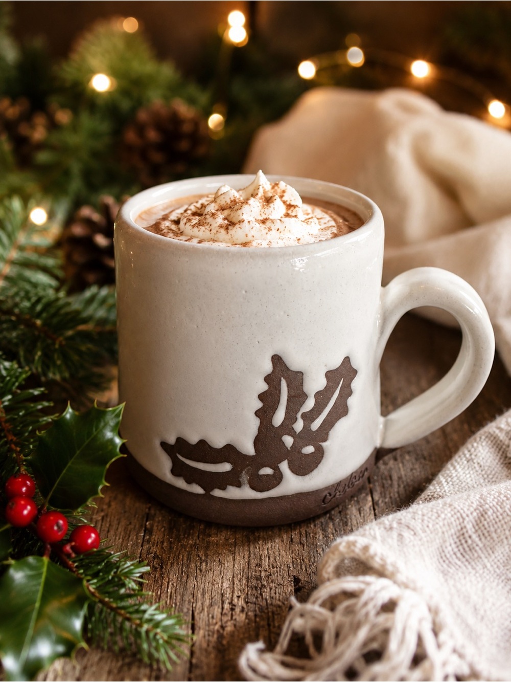 Chelsea Pottery Handmade Holly Christmas Coffee Mug Signed 14 oz